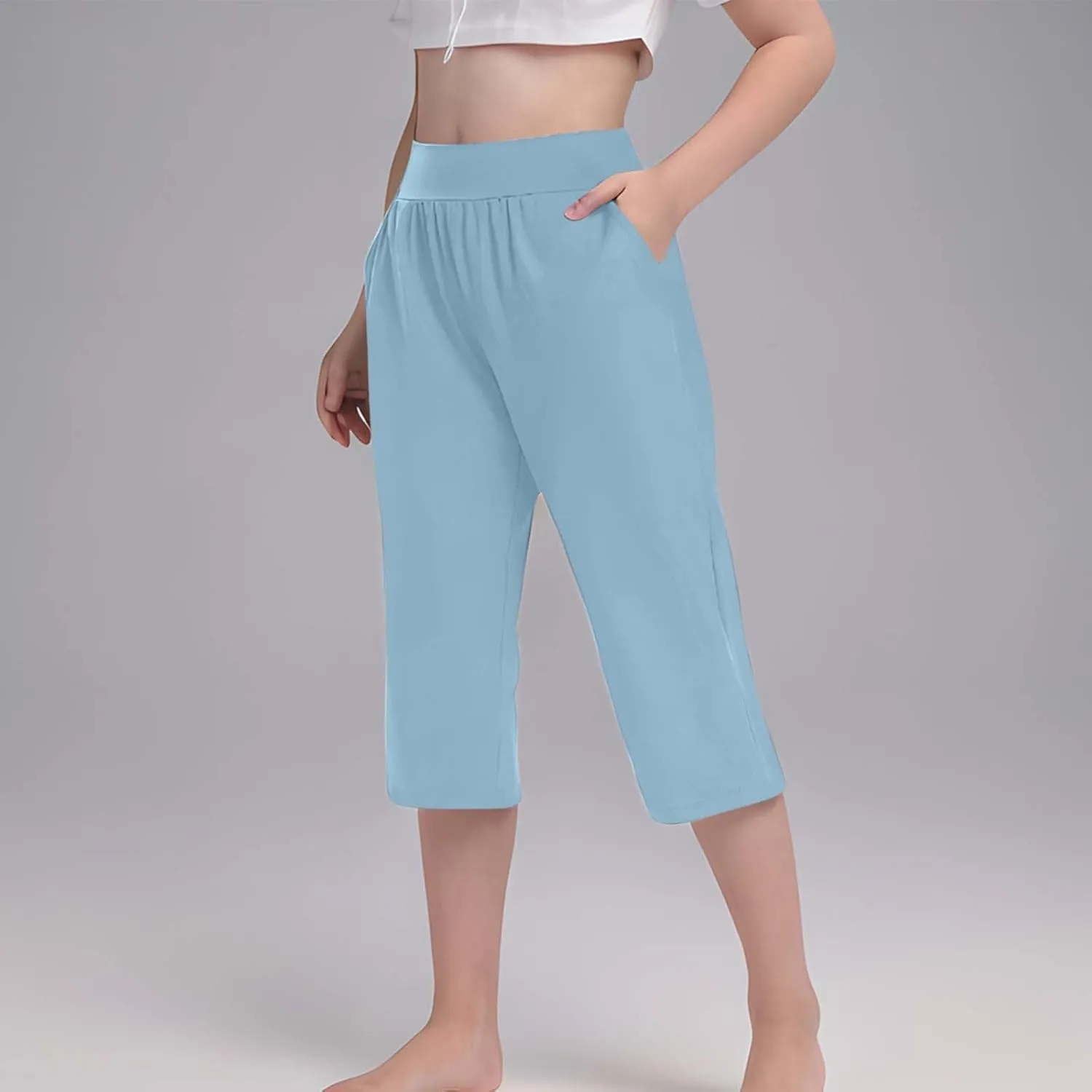 Girls Capri Leggings Elastic High Waisted Compression Pants Stretch Active Yoga Tights for Kids Teen Workout Running