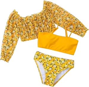 Girls Floral Swimsuits Tween Kids Cute Bathing Suits Quick Dry Bikini Set with Long Sleeve Crop Tops Coverup Beach Wear