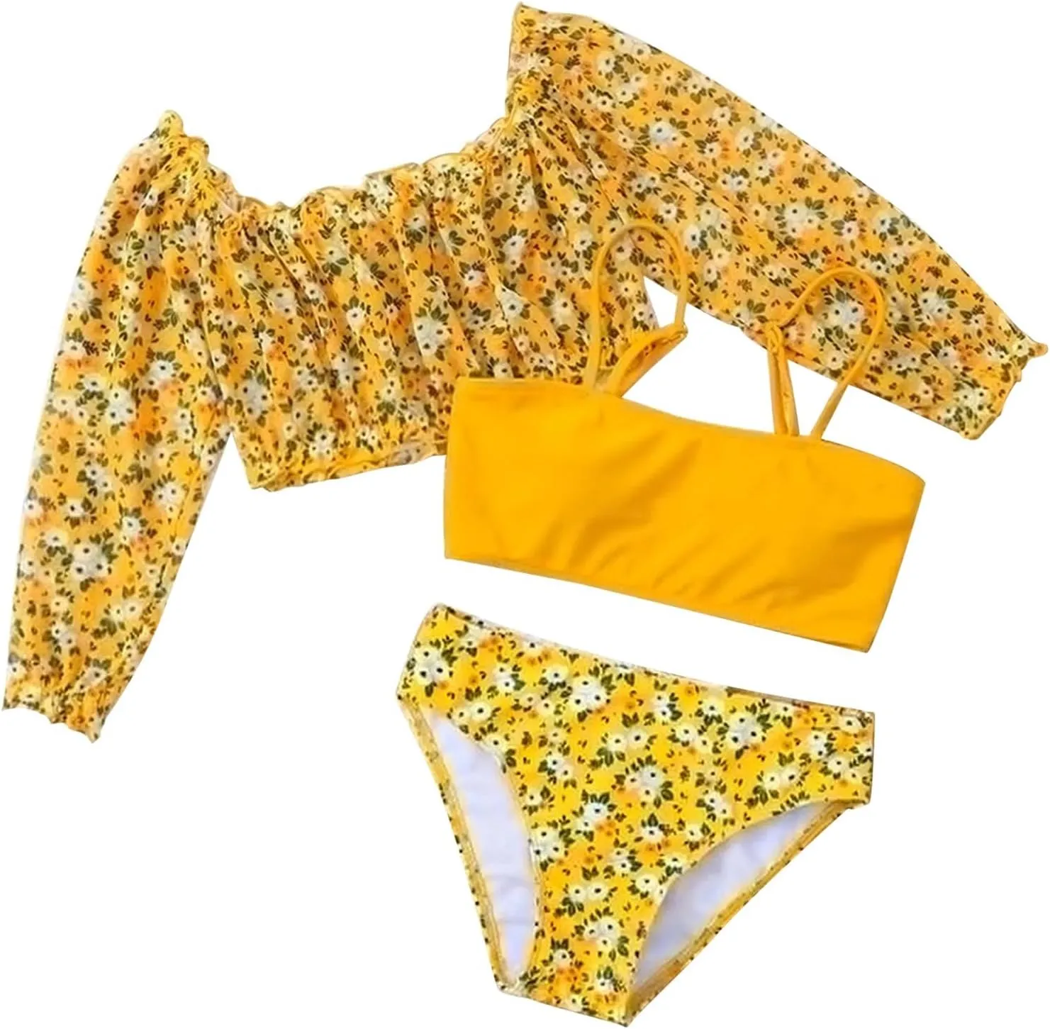 Girls Floral Swimsuits Tween Kids Cute Bathing Suits Quick Dry Bikini Set with Long Sleeve Crop Tops Coverup Beach Wear