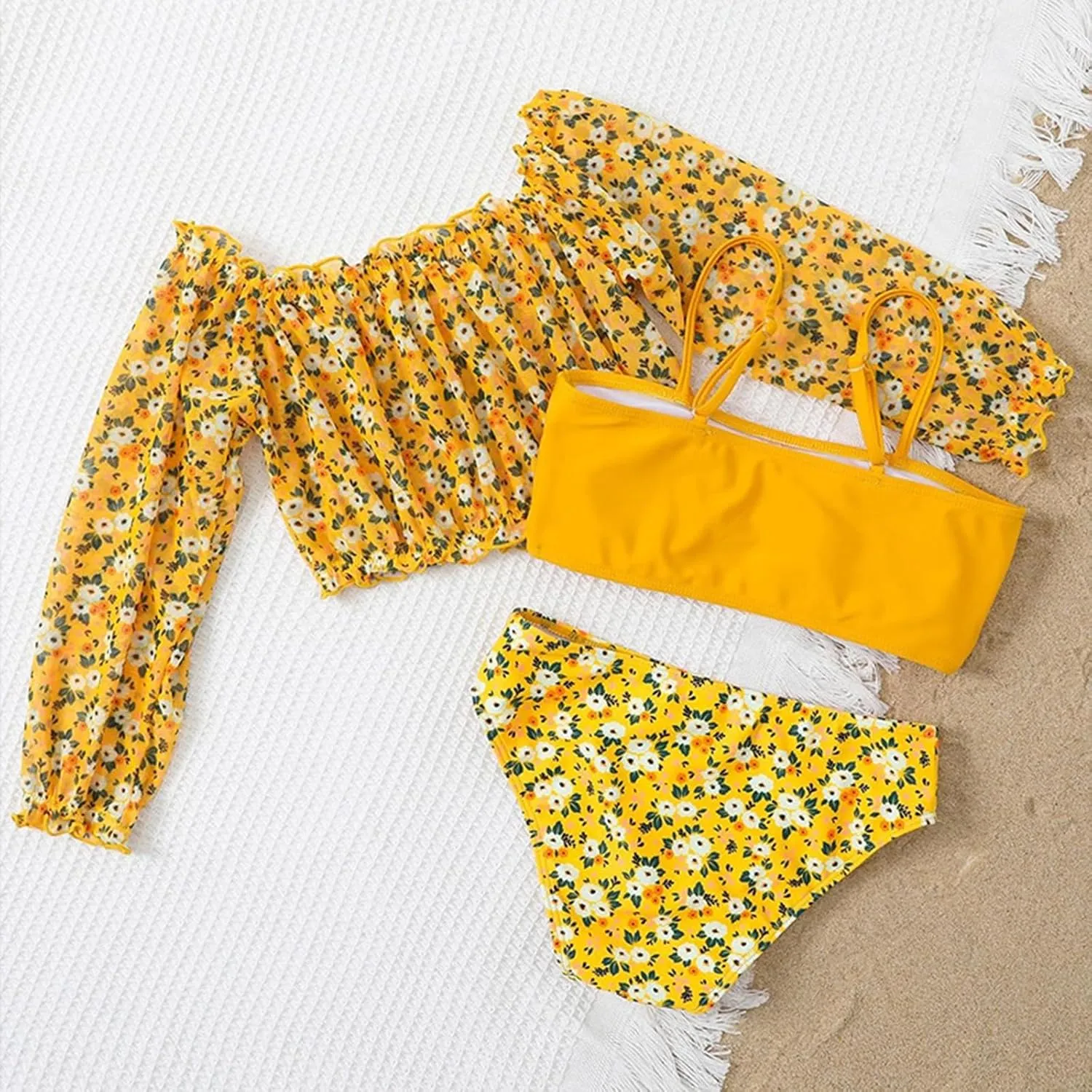 Girls Floral Swimsuits Tween Kids Cute Bathing Suits Quick Dry Bikini Set with Long Sleeve Crop Tops Coverup Beach Wear