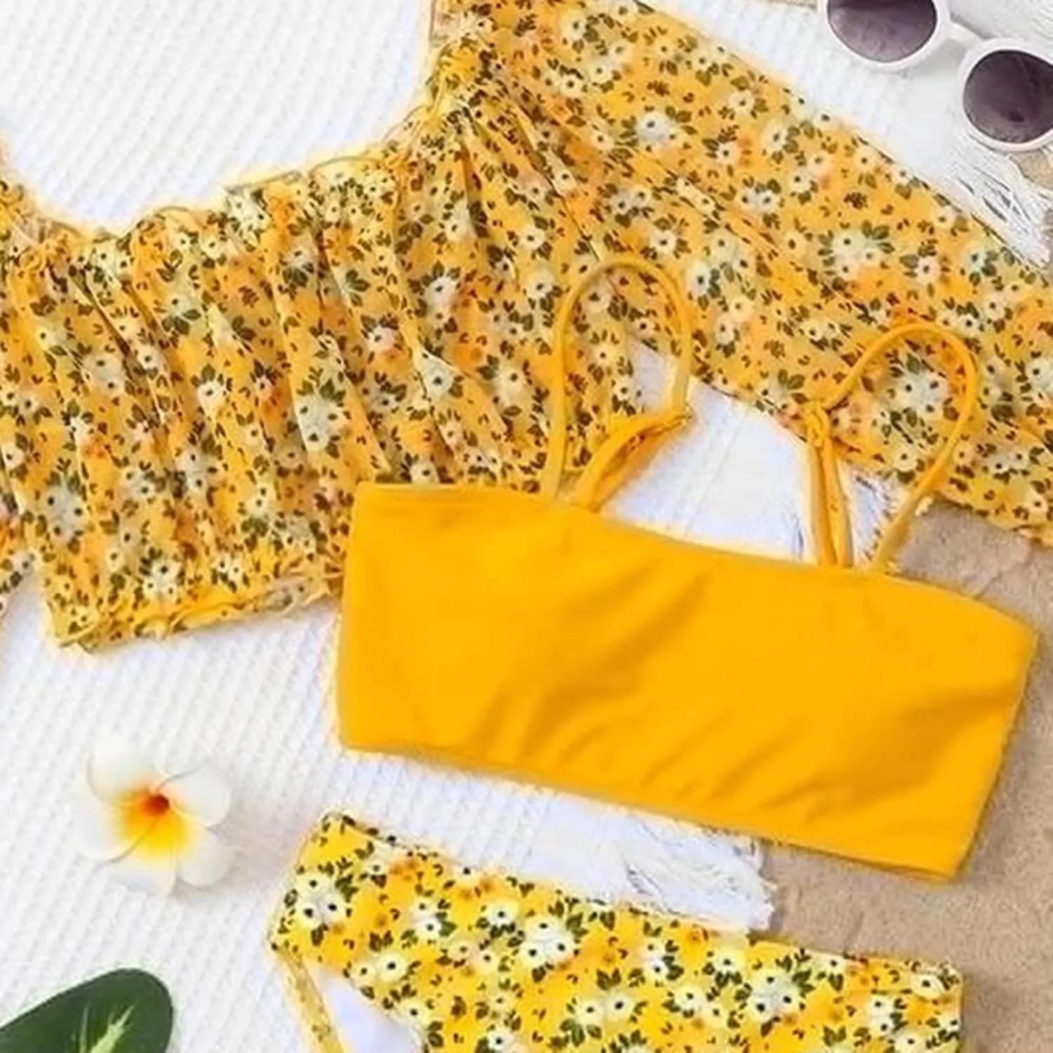 Girls Floral Swimsuits Tween Kids Cute Bathing Suits Quick Dry Bikini Set with Long Sleeve Crop Tops Coverup Beach Wear