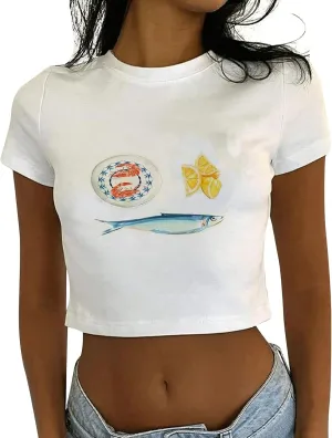 Graphic Baby Tees for Women Y2k Tops Teen Girls Fruit Print Crop Tops Coastal Summer Clothes Vintage Aesthetic T Shirt