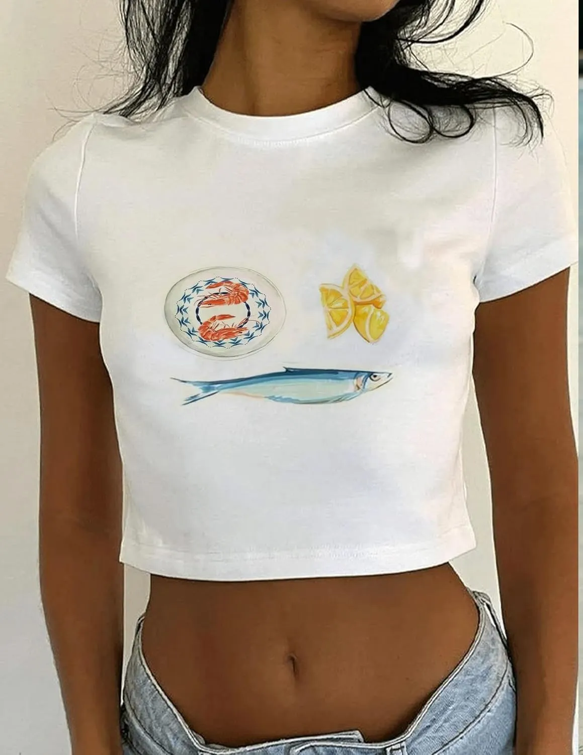 Graphic Baby Tees for Women Y2k Tops Teen Girls Fruit Print Crop Tops Coastal Summer Clothes Vintage Aesthetic T Shirt