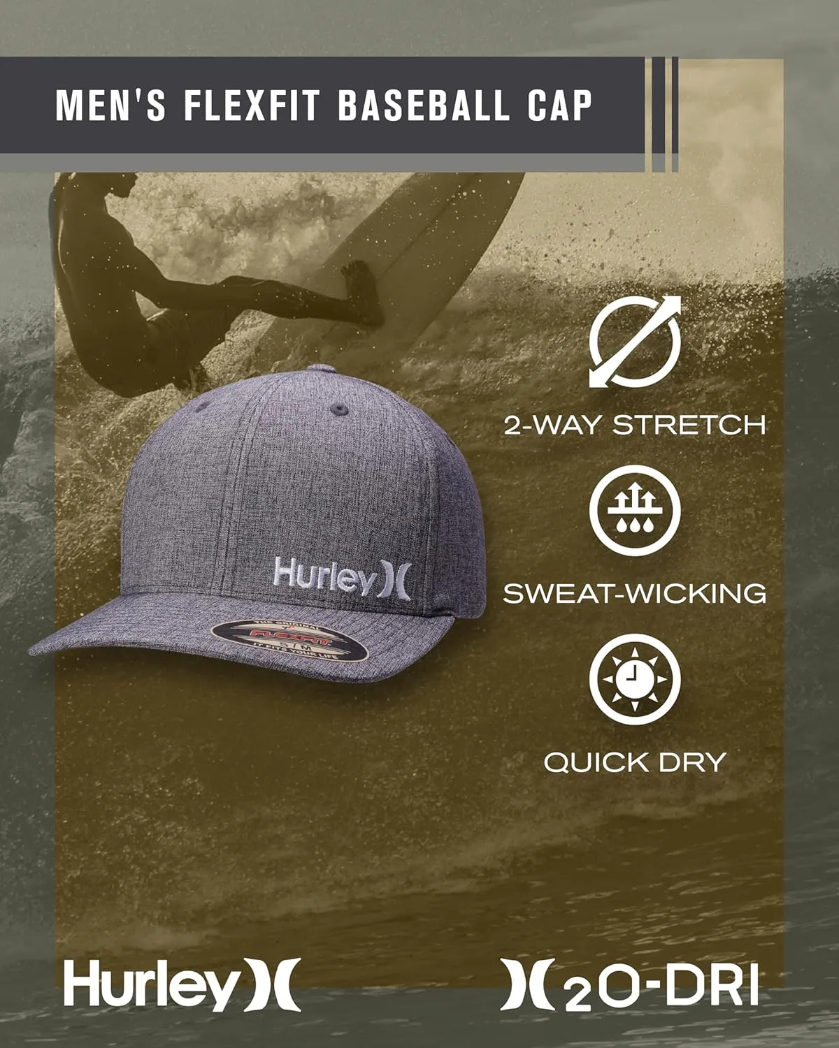 Hurley Men's Baseball Cap - Flexfit Curve Bill Fitted Trucker Hat for Men (S-XL)