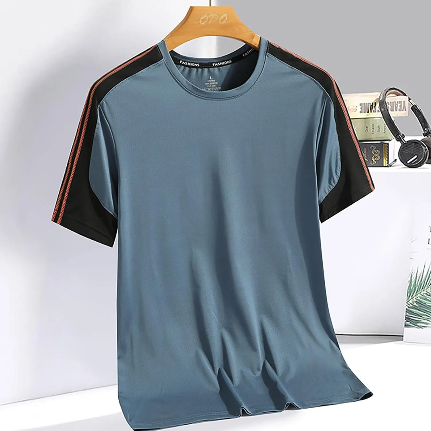 Ice Silk Quick Drying T Shirt Men's Summer Casual Thin Loose Trend Sports Patchwork Striped Men's T Shirts with