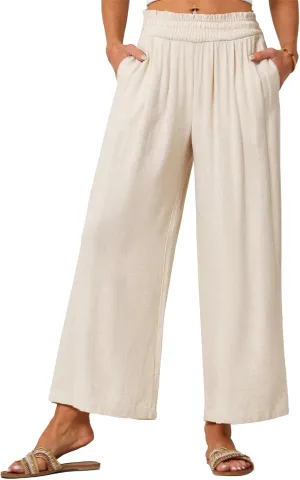JASAMBAC Women's Capri Linen Wide Leg Pants Summer Boho Wide Leg Pants Smocked High-Rise Waist Casual Beach Pants with Pockets Apricot XL