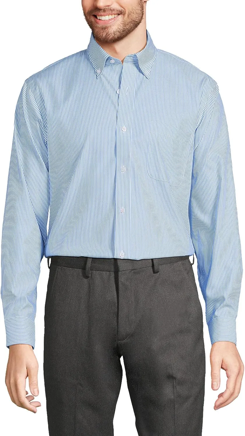Lands' End Men's Tailored Fit No Iron Solid American-Grown Supima Cotton Pinpoint Buttondown Collar Dress Shirt