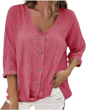 Linen 3/4 Sleeve Blouse for Women Button Down V Neck Shirts Summer Casual Oversized Women Boho Vacation Tees