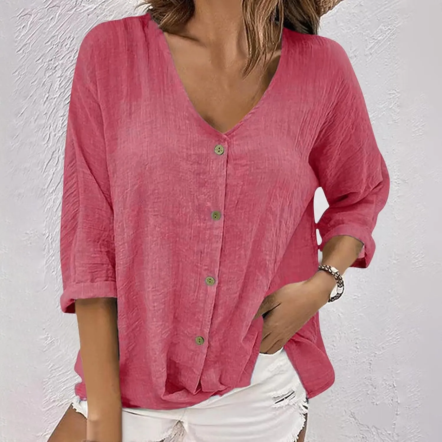 Linen 3/4 Sleeve Blouse for Women Button Down V Neck Shirts Summer Casual Oversized Women Boho Vacation Tees