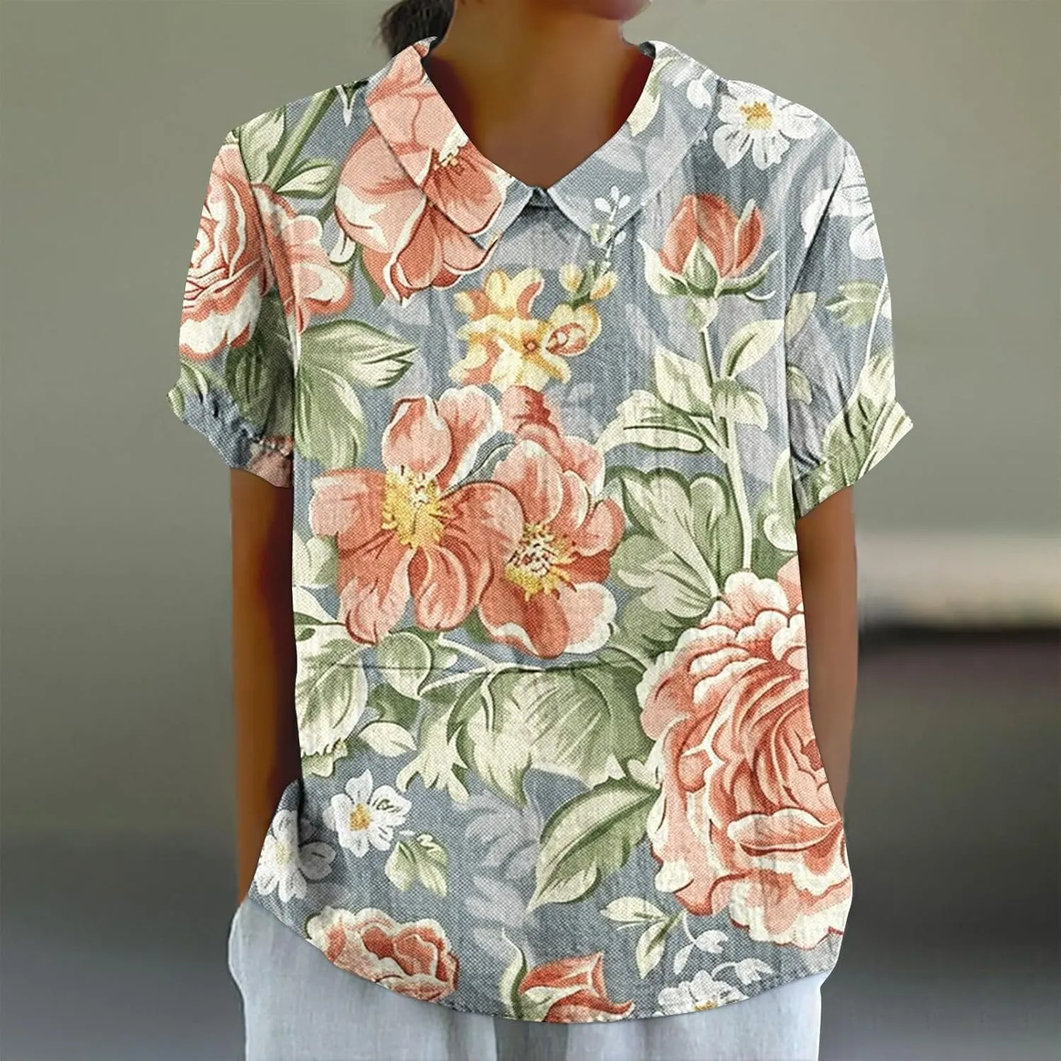 Linen Shirt for Womens Summer Tops Dressy Casual Printed V Neck Blouse Loose Fit Short Sleeve T Shirt Plus Size M-5xl