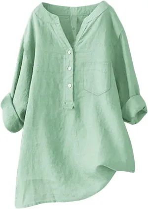 Linen Shirts for Women 2025 Summer Fashion 1/2 Sleeve Button V-Neck Tops Vacation Going Out Dressy Blouses