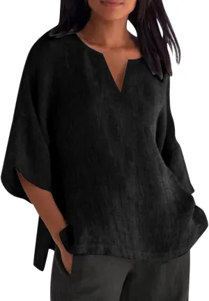 Linen Shirts For Women Loose Fit 3/4 Length Sleeve Summer Tunic Tops 2025 Side Split Dressy Tees Plus Size Blouse