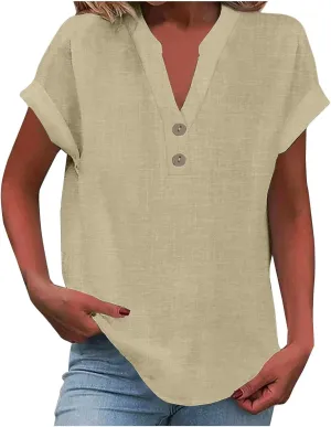 Linen Shirts for Women Summer Short Sleeve Casual Tops Henley Vacation Beach Lounge Button Lightweight Tunic Blouse