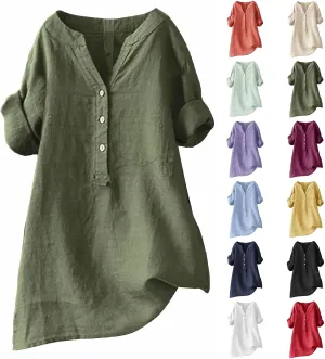 Linen Shirts for Women V Neck Button Down Blouse Short Sleeve Office Work Tops Vintage Vacation Tees Shirt Tops