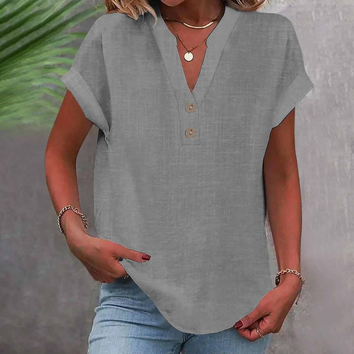 Linen Shirts for Women V Neck Cap Sleeve Summer Tops 2025 Women Casual Button Down Shirts Solid Business Work Blouses