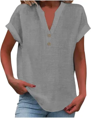 Linen Shirts for Women V Neck Cap Sleeve Summer Tops 2025 Women Casual Button Down Shirts Solid Business Work Blouses