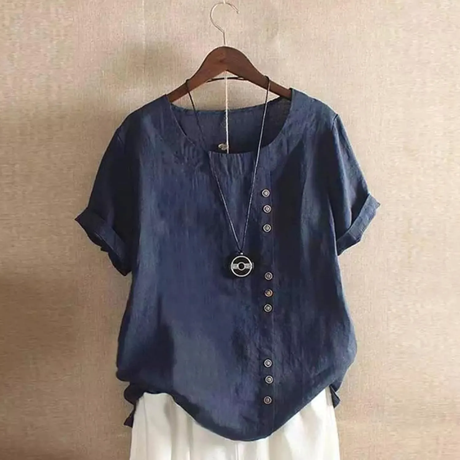 Linen Tops for Women Casual Oversized Summer Graphic Tees Short Sleeve Button Down Blouses Crew Neck Loose Fit Shirt