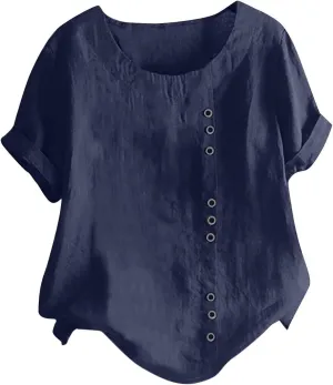 Linen Tops for Women Casual Oversized Summer Graphic Tees Short Sleeve Button Down Blouses Crew Neck Loose Fit Shirt