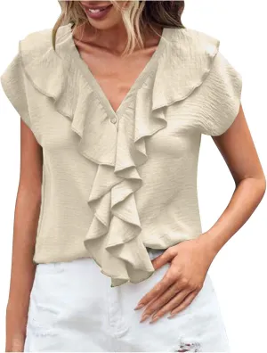 Lmdudan 2025 Summer V Neck Ruffle Tops Women Short Sleeve Work Shirt Dressy Casual Business Tees Loose Blouses Tunics