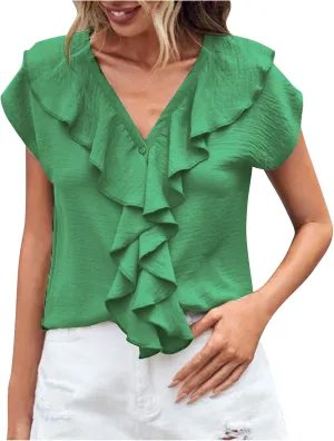 Lmdudan 2025 Summer V Neck Ruffle Tops Women Short Sleeve Work Shirt Dressy Casual Business Tees Loose Blouses Tunics