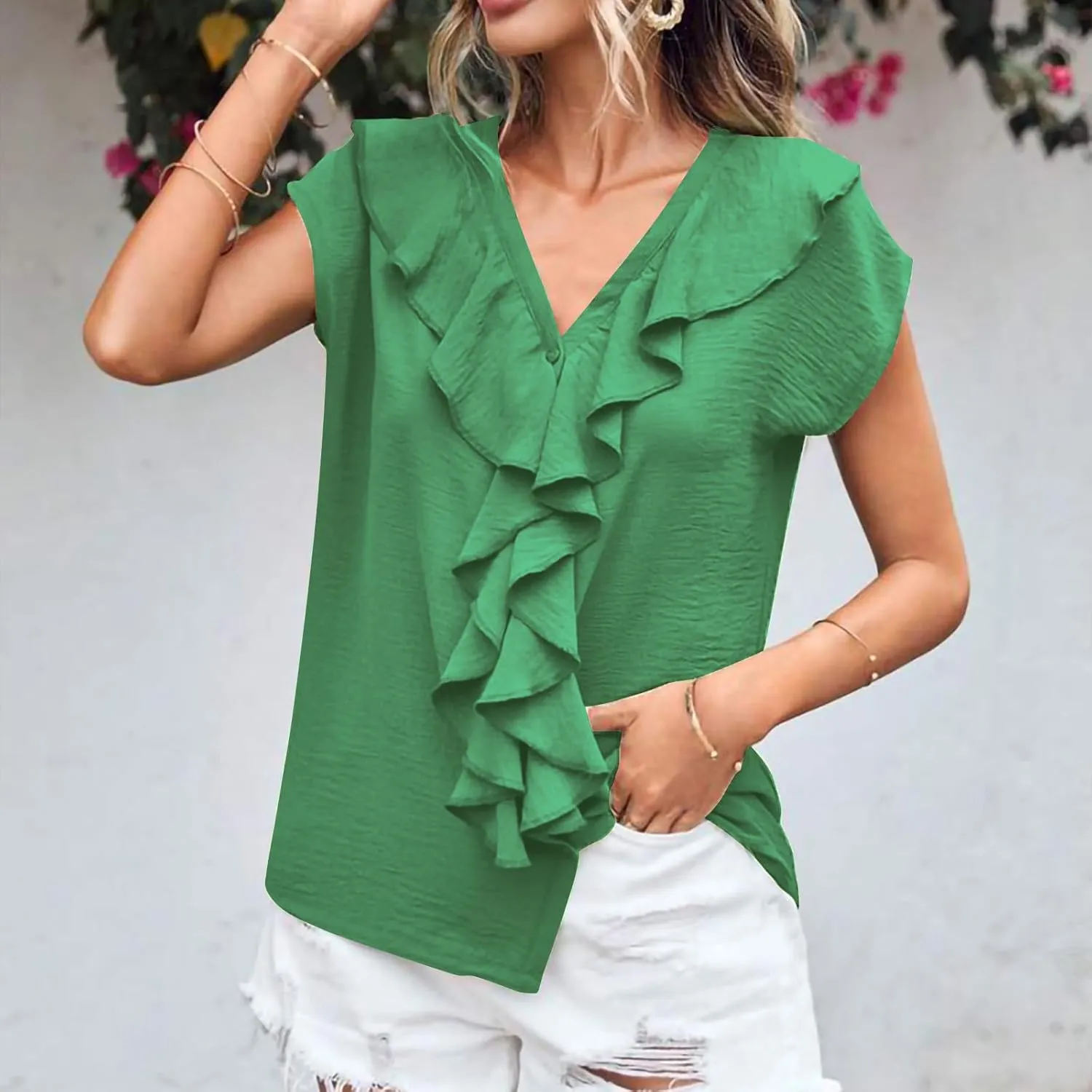 Lmdudan 2025 Summer V Neck Ruffle Tops Women Short Sleeve Work Shirt Dressy Casual Business Tees Loose Blouses Tunics