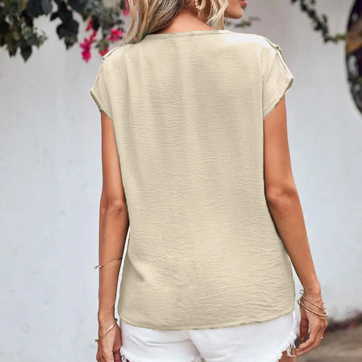 Lmdudan 2025 Summer V Neck Ruffle Tops Women Short Sleeve Work Shirt Dressy Casual Business Tees Loose Blouses Tunics