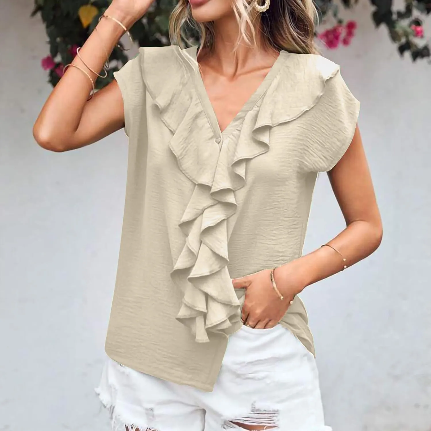 Lmdudan 2025 Summer V Neck Ruffle Tops Women Short Sleeve Work Shirt Dressy Casual Business Tees Loose Blouses Tunics