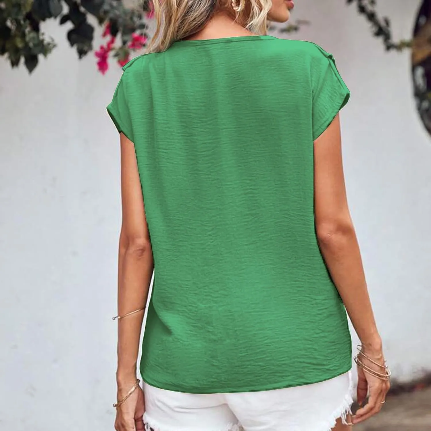 Lmdudan 2025 Summer V Neck Ruffle Tops Women Short Sleeve Work Shirt Dressy Casual Business Tees Loose Blouses Tunics