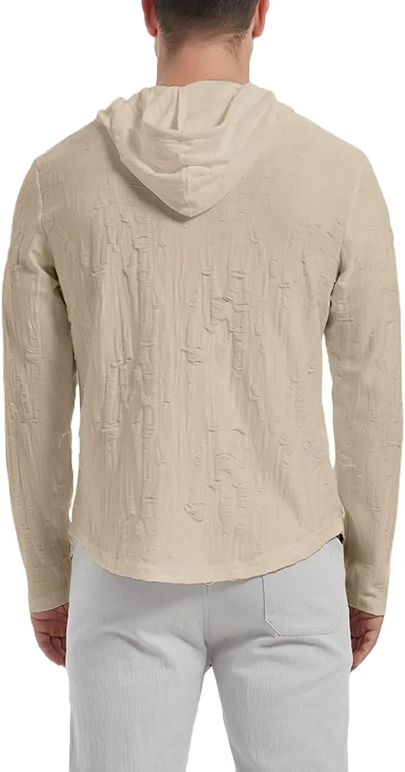 Long Sleeve Hooded Shirts for Men Ripped Vintage Jacquard Pullover Tops Button Down Henley V Neck T-Shirts Drawstring