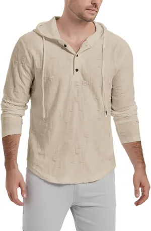 Long Sleeve Hooded Shirts for Men Ripped Vintage Jacquard Pullover Tops Button Down Henley V Neck T-Shirts Drawstring