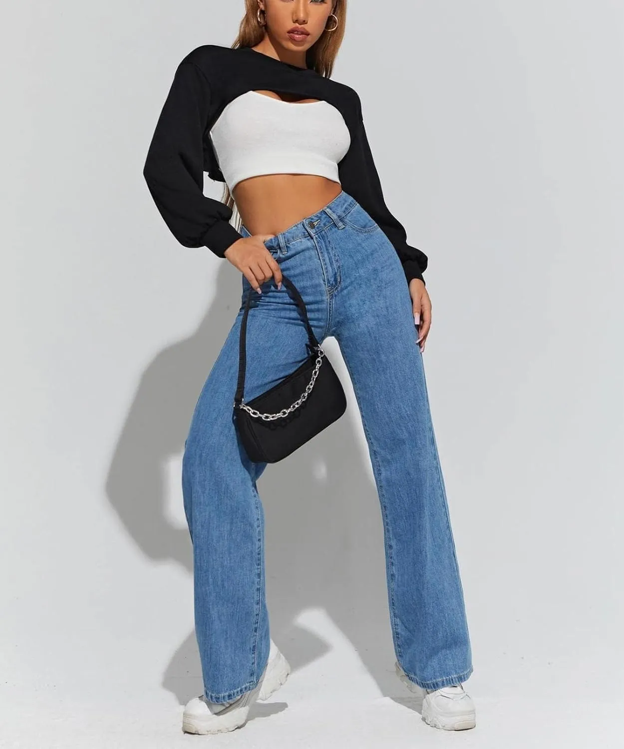 LovelyWholesale Women Crewneck Long Sleeve Crop Top Workout Gym Casual Cut out Loose Cropped Sweatshirt