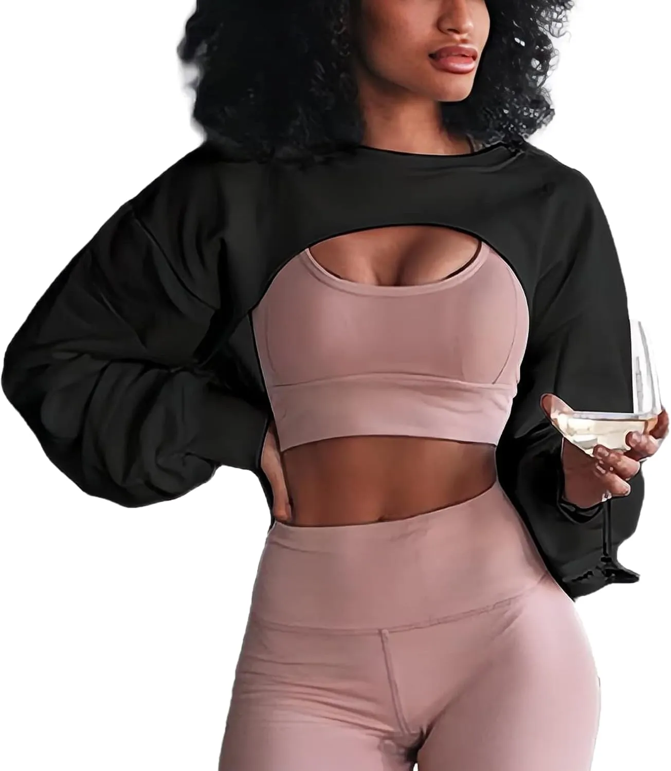 LovelyWholesale Women Crewneck Long Sleeve Crop Top Workout Gym Casual Cut out Loose Cropped Sweatshirt