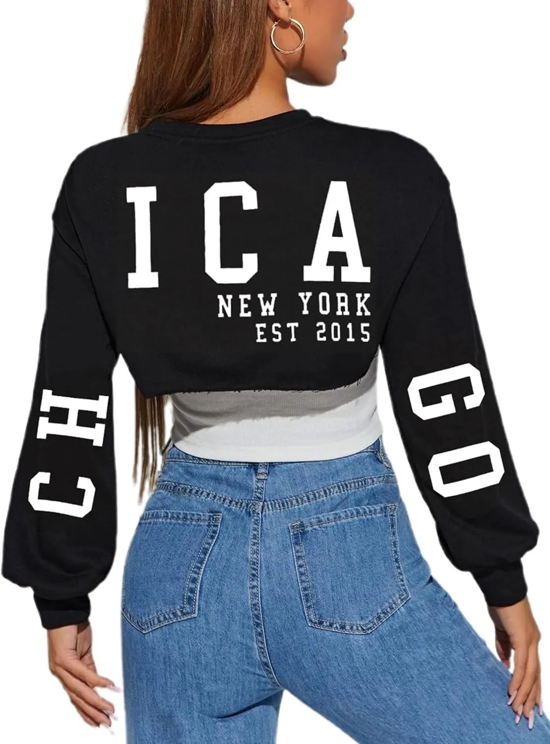 LovelyWholesale Women Crewneck Long Sleeve Crop Top Workout Gym Casual Cut out Loose Cropped Sweatshirt