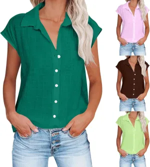 LRMQS Linen Shirts for Women Summer 2024 Button Down Lapel Cap Sleeve Shirt Tops Casual Beach Trendy Cotton Gauze Clothing