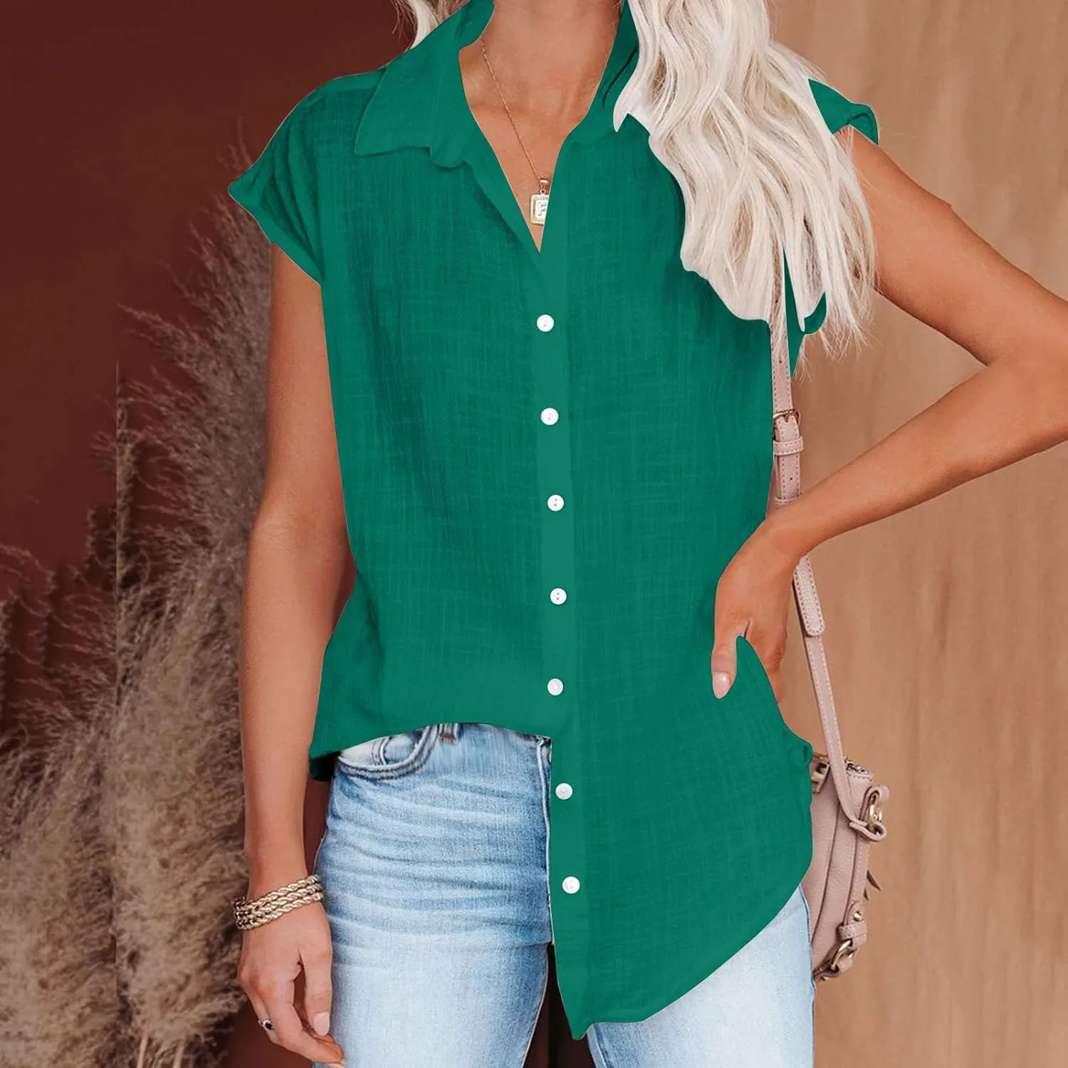 LRMQS Linen Shirts for Women Summer 2024 Button Down Lapel Cap Sleeve Shirt Tops Casual Beach Trendy Cotton Gauze Clothing