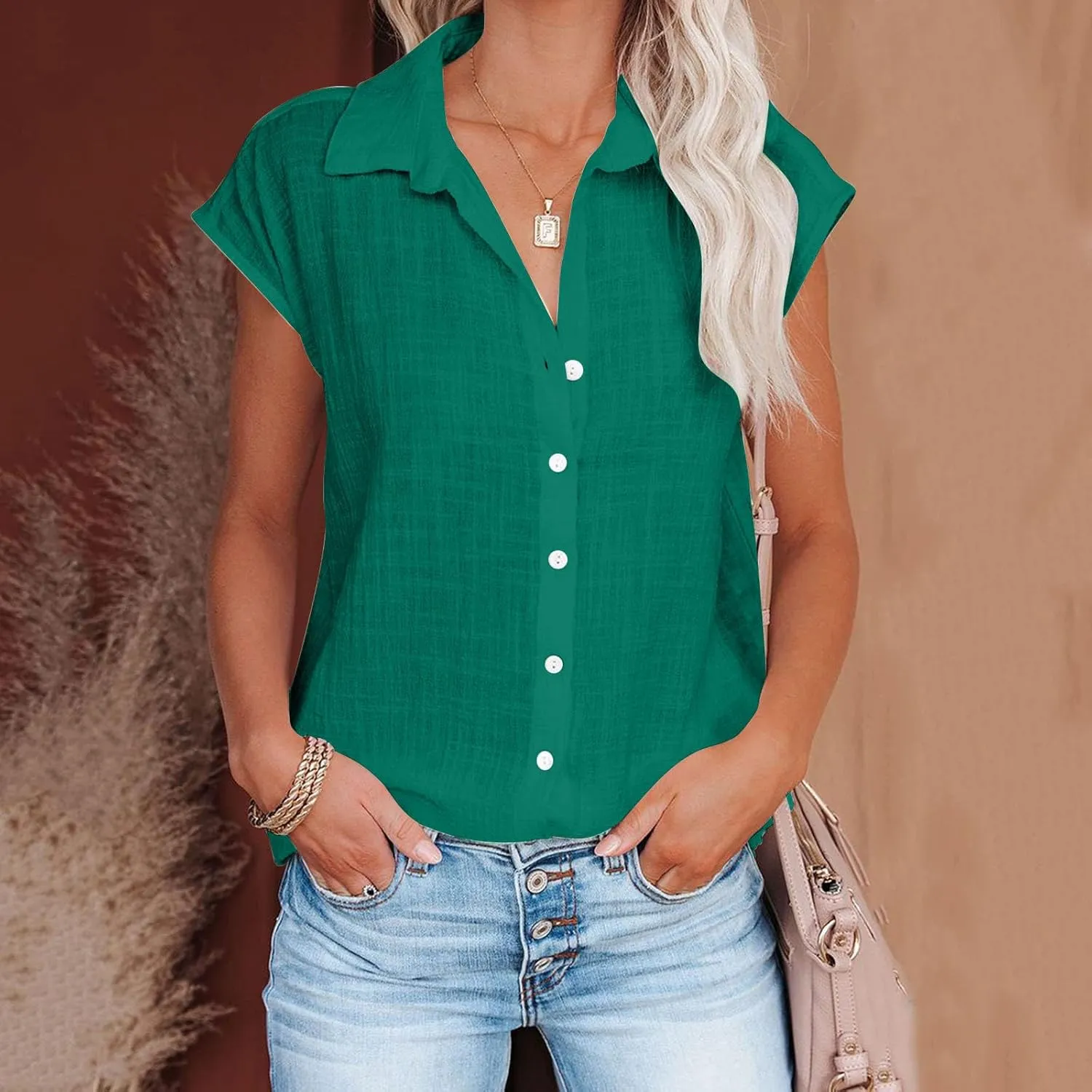 LRMQS Linen Shirts for Women Summer 2024 Button Down Lapel Cap Sleeve Shirt Tops Casual Beach Trendy Cotton Gauze Clothing