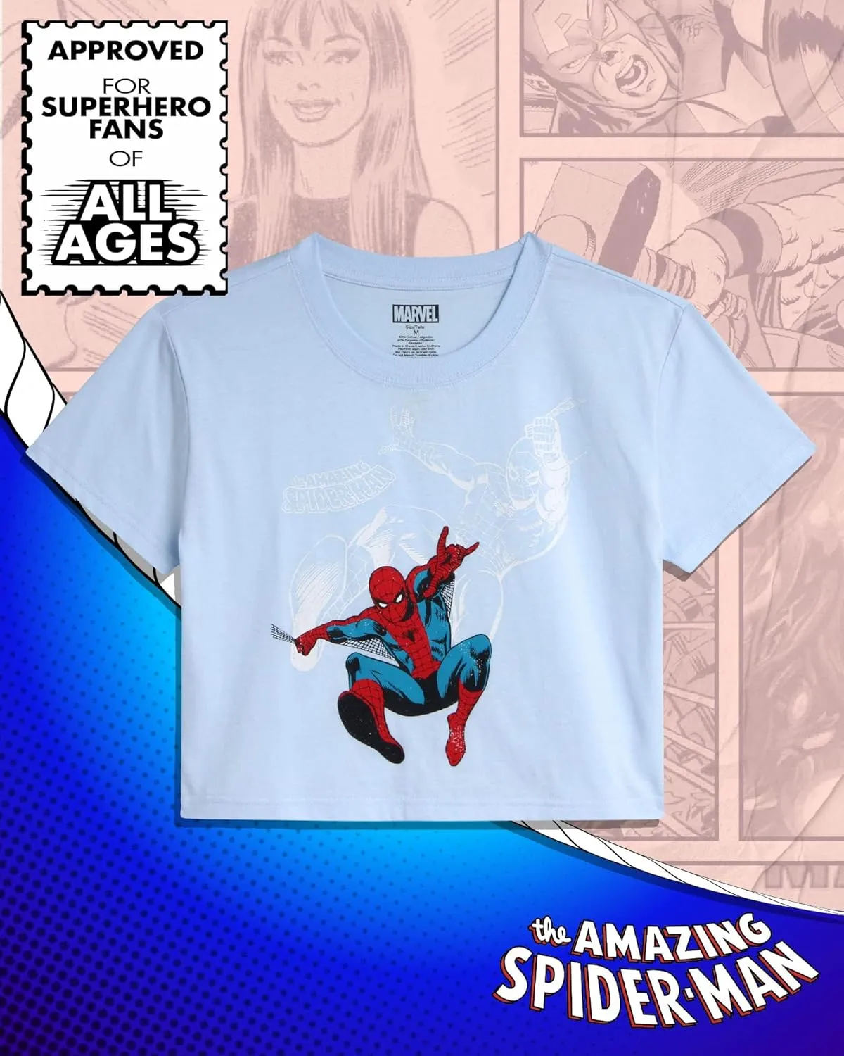 Marvel Womens Graphic Tee - The Amazing Spiderman Crop Top Baby Tee and Tank Top Short Sleeve Graphic Shirts for Women (S-XL)