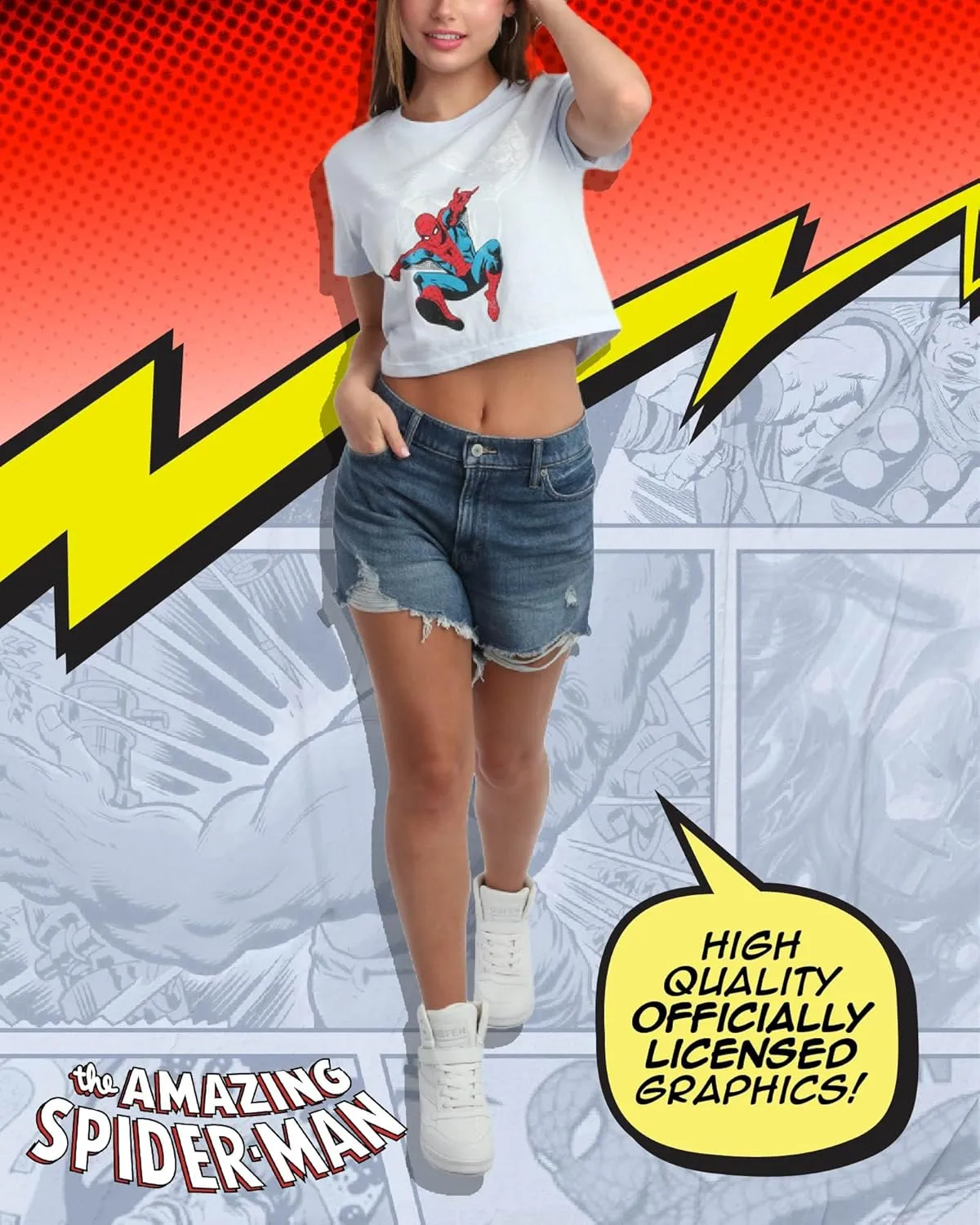 Marvel Womens Graphic Tee - The Amazing Spiderman Crop Top Baby Tee and Tank Top Short Sleeve Graphic Shirts for Women (S-XL)