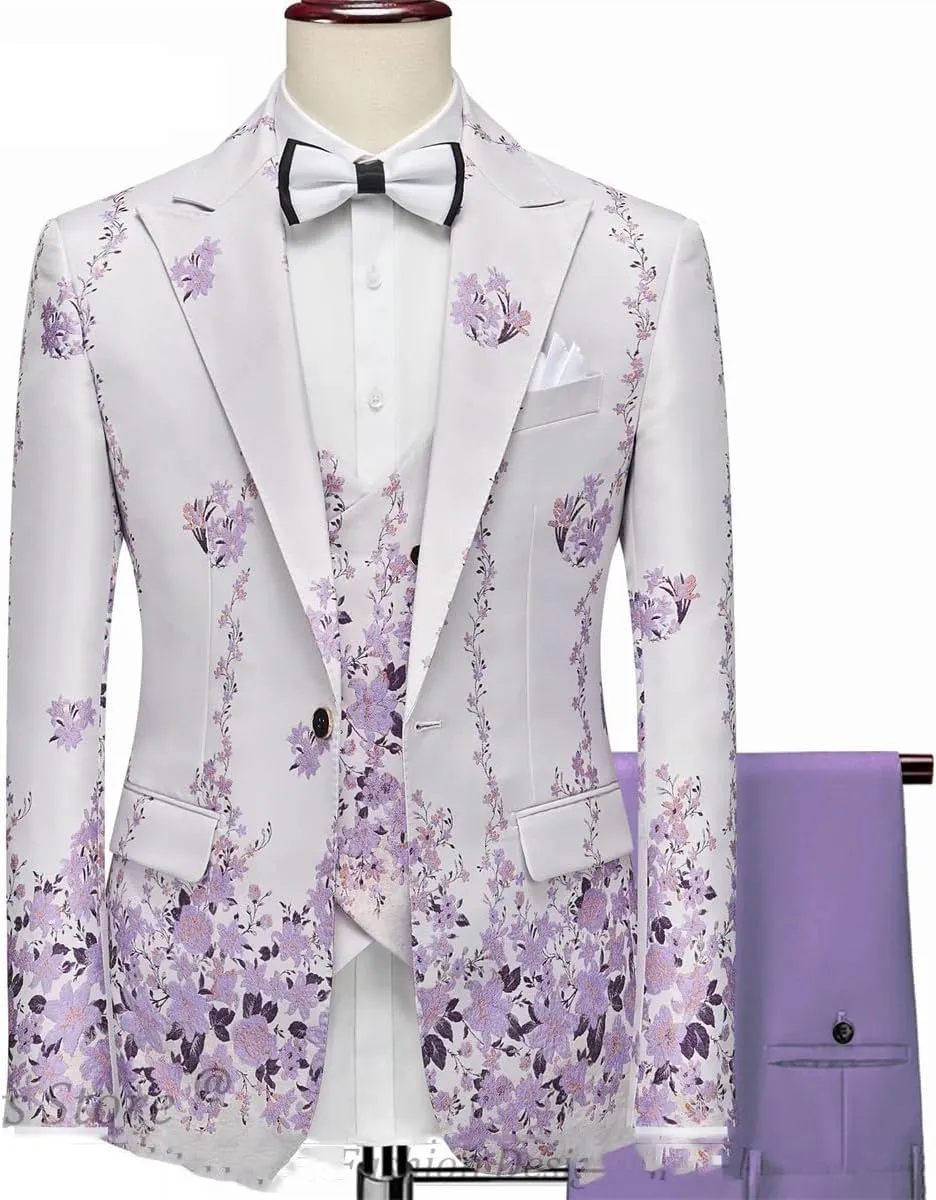 Men Suits Blazer Beautiful Lilac Purple Floral Pattern Tuxedos 3 Pieces Formal Party Costume Slim Fit Suits Set