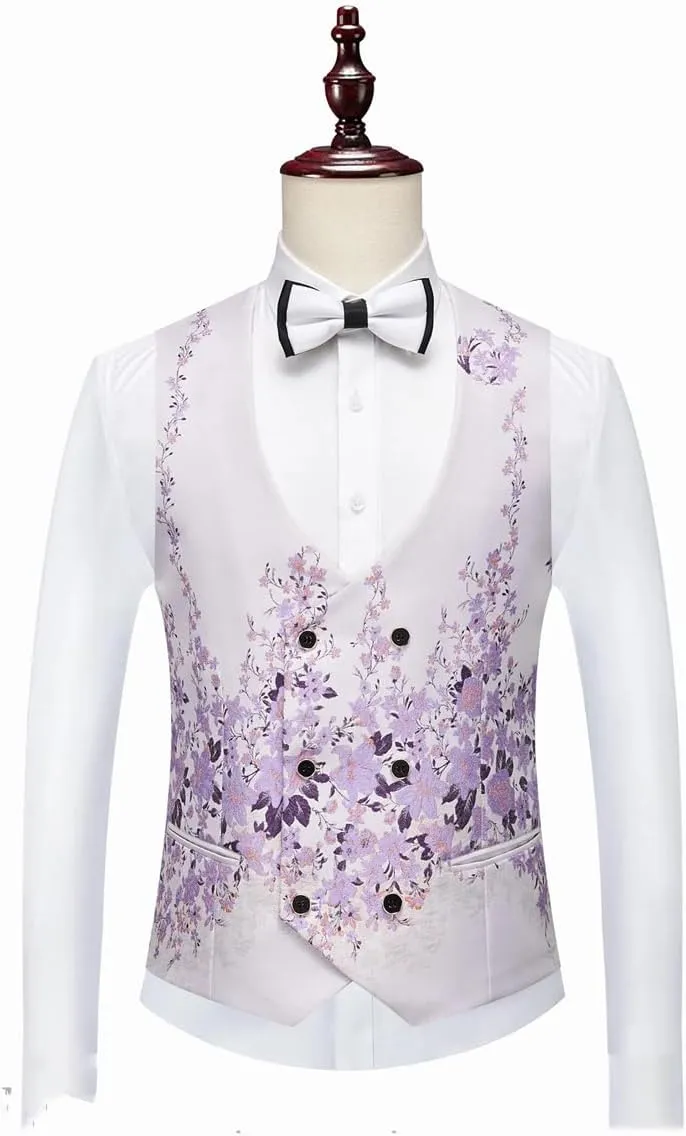 Men Suits Blazer Beautiful Lilac Purple Floral Pattern Tuxedos 3 Pieces Formal Party Costume Slim Fit Suits Set