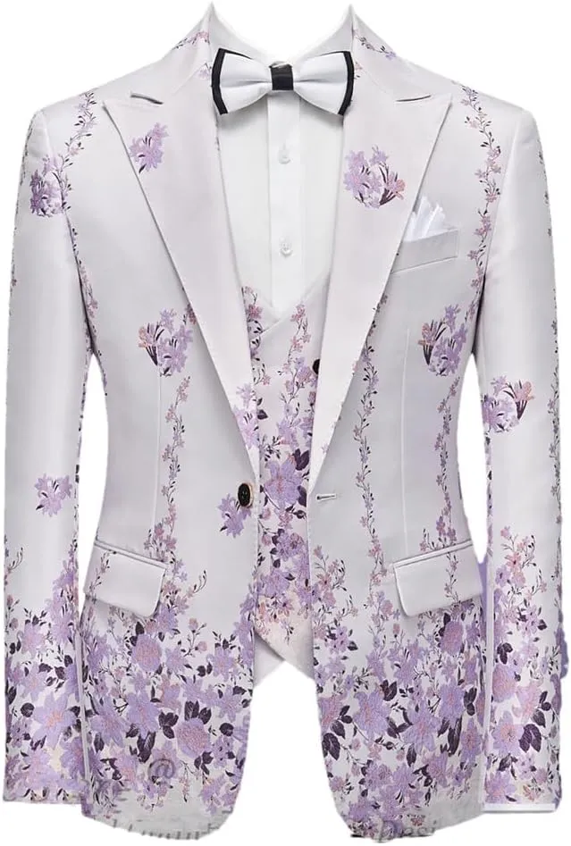 Men Suits Blazer Beautiful Lilac Purple Floral Pattern Tuxedos 3 Pieces Formal Party Costume Slim Fit Suits Set