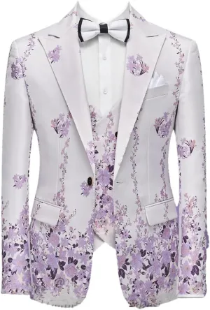 Men Suits Blazer Beautiful Lilac Purple Floral Pattern Tuxedos 3 Pieces Formal Party Costume Slim Fit Suits Set