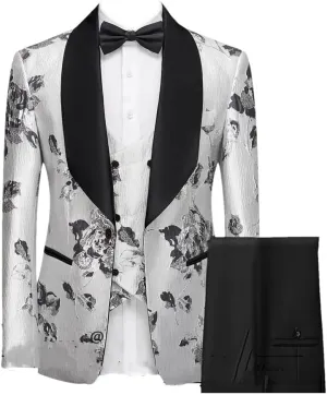 Men Suits Blazer Beautiful Lilac Purple Floral Pattern Tuxedos 3 Pieces Formal Party Costume Slim Fit Suits Set