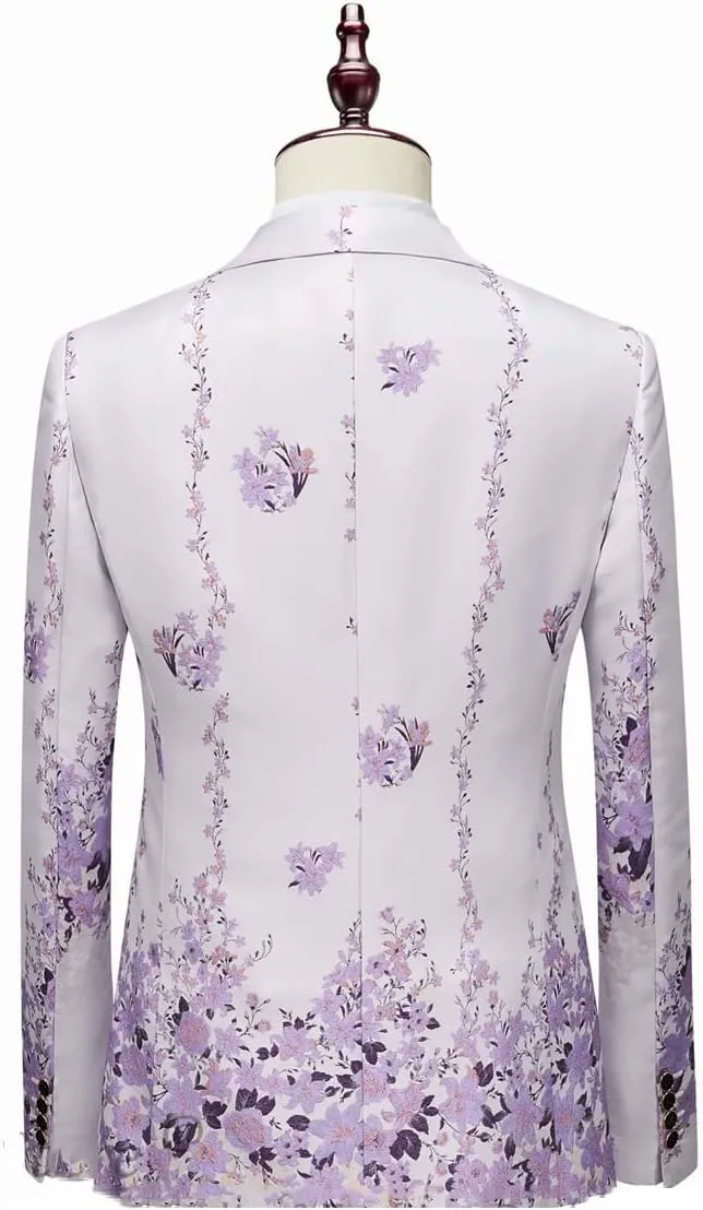 Men Suits Blazer Beautiful Lilac Purple Floral Pattern Tuxedos 3 Pieces Formal Party Costume Slim Fit Suits Set