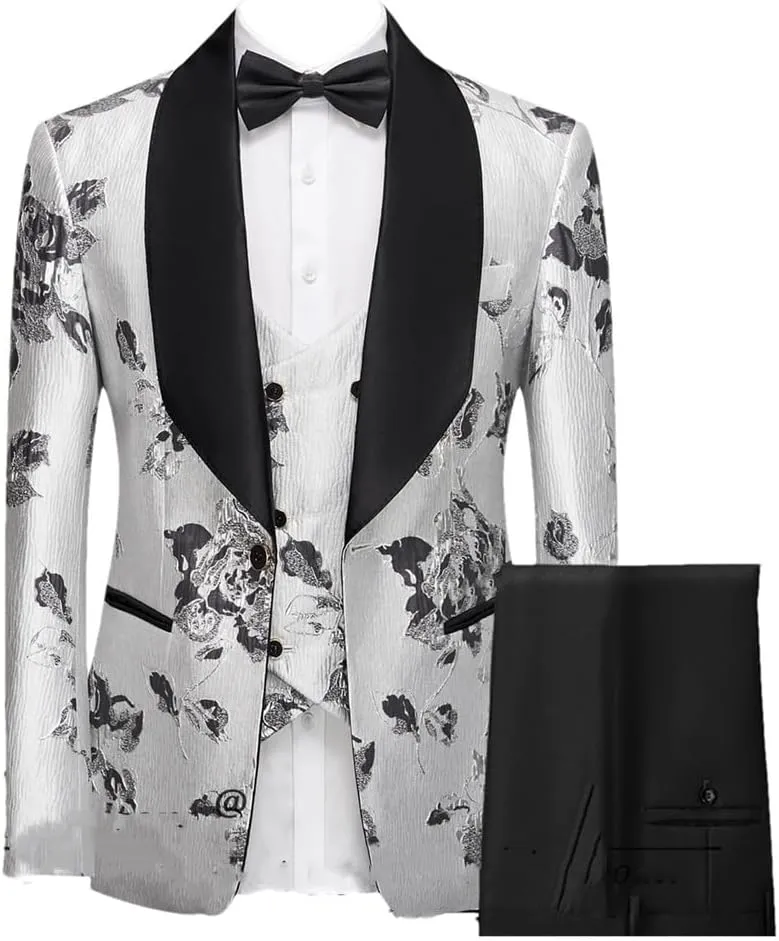 Men Suits Blazer Beautiful Lilac Purple Floral Pattern Tuxedos 3 Pieces Formal Party Costume Slim Fit Suits Set