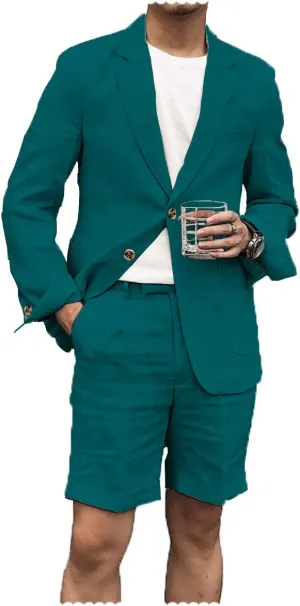 Men's 2 Pieces Linen Suit Casual Slim Fit Suits Retro Wedding Prom Tuxedos Summer Beach Party Blazer Shorts Set