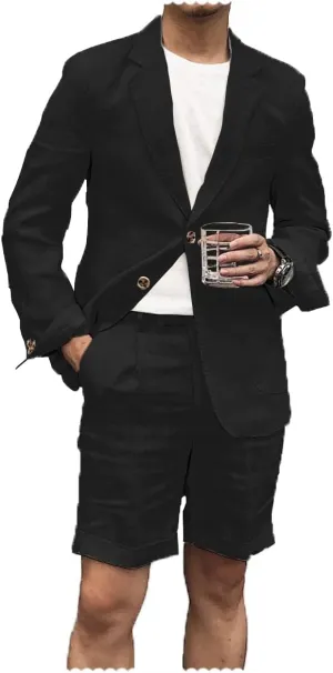 Men's 2 Pieces Linen Suit Casual Slim Fit Suits Retro Wedding Prom Tuxedos Summer Beach Party Blazer Shorts Set