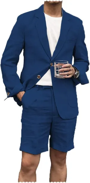 Men's 2 Pieces Linen Suit Casual Slim Fit Suits Retro Wedding Prom Tuxedos Summer Beach Party Blazer Shorts Set