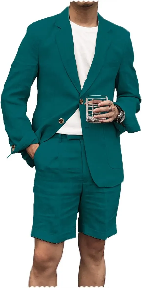 Men's 2 Pieces Linen Suit Casual Slim Fit Suits Retro Wedding Prom Tuxedos Summer Beach Party Blazer Shorts Set