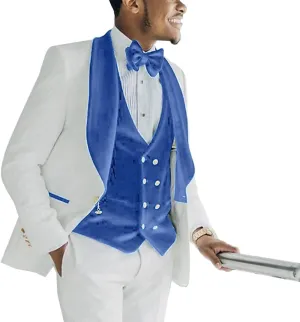 Men's 3 Piece Slim Fit Suits Jacquard Blazer Jacket Shawl Lapel Velvet Vest Classic White Pant Wedding Men Suit
